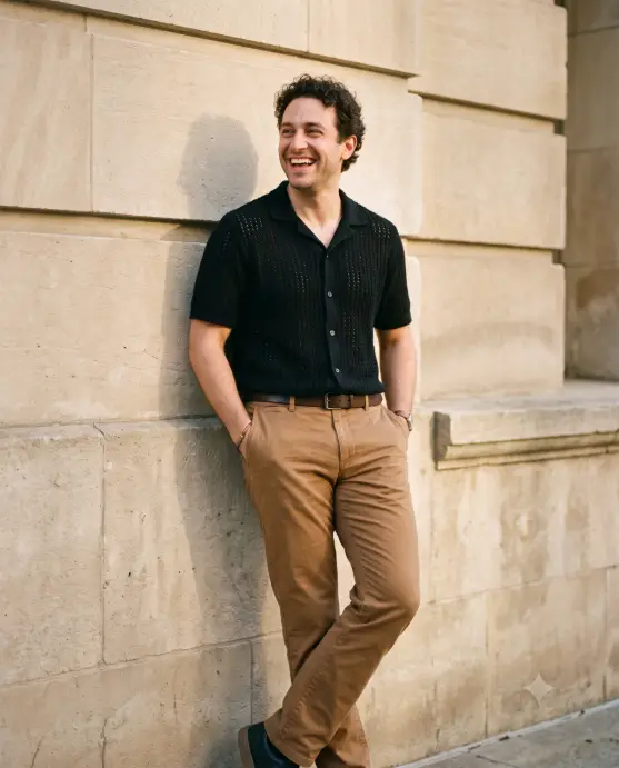 Black Knit Camp Shirt with Tan Trousers