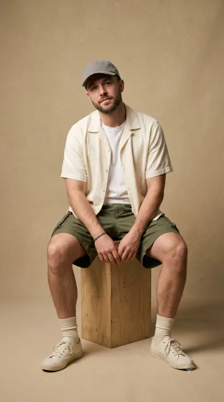 Camp Shirt and Cargo Shorts Seated Studio Shot