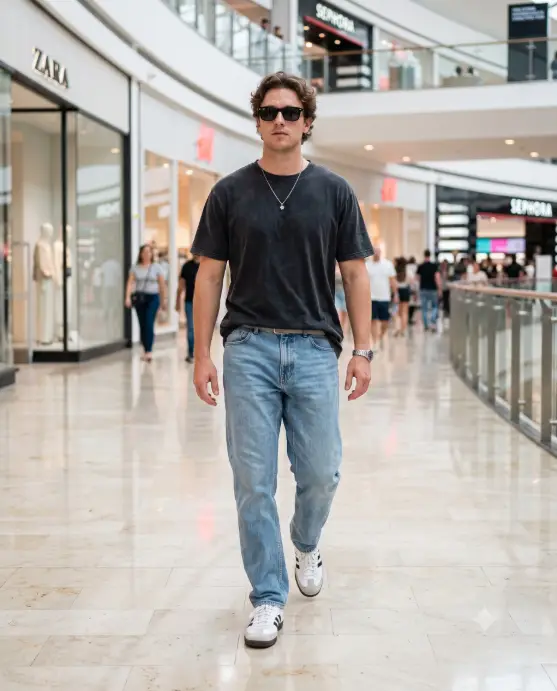 Black Tee and Loose Jeans Walking Through a Mall
