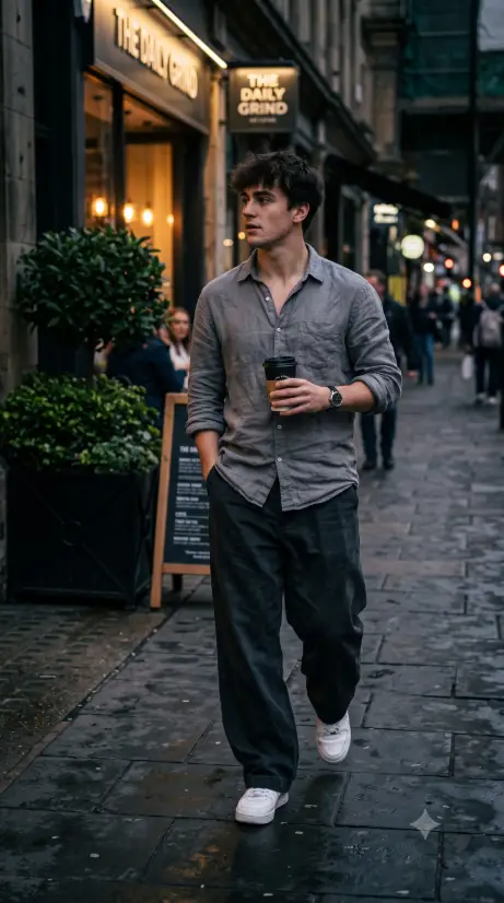 Grey Linen Shirt and Baggy Trousers on a City Street