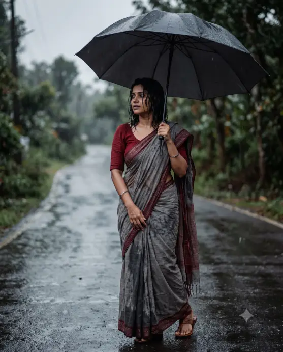5. Saree and a Black Umbrella