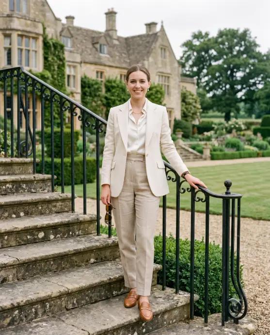 Create a photo of an elegant woman in her late 20s standing on the stone steps of a grand countryside estate, one hand resting lightly on an iron railing and the other holding a pair of tortoiseshell sunglasses. She is wearing a fitted cream blazer over a silk ivory blouse, high-waisted beige trousers, and pointed leather loafers, with a thin gold watch and pearl stud earrings. Her hair is styled in a sleek low bun. The camera is at eye level with a slightly wide framing. Soft diffused morning light falls across manicured hedges, gravel pathways, and ivy-covered stone walls in the background. Editorial photo style with a muted palette of cream, beige, and sage green. Use aspect ratio 4:5.