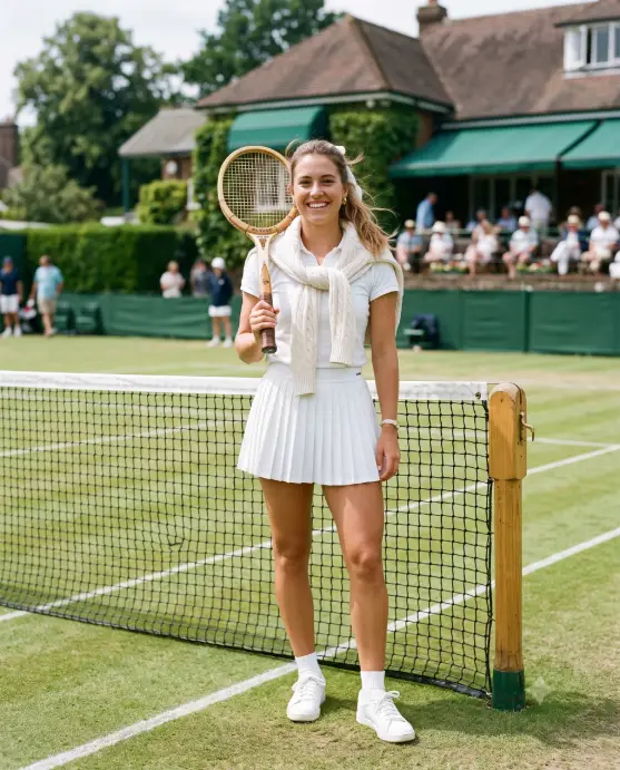 Create a photo of a young woman standing at the net of a grass tennis court, holding a wooden vintage tennis racket over her shoulder and smiling naturally at the camera. She is wearing a white pleated tennis skirt, a fitted white polo shirt, a cream cable-knit sweater draped over her shoulders and knotted at the chest, and white leather sneakers. Her hair is in a loose ponytail tied with a white ribbon. The camera is at eye level with shallow depth of field. Bright midday sunlight with soft shadows, and the background shows a blurred clubhouse with green awnings and hedges. Clean, preppy, editorial photo style with white and green tones. Use aspect ratio 4:5.