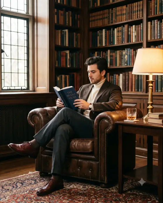 Create a photo of a man in his late 20s sitting in a deep leather chesterfield armchair inside a wood-paneled private library, reading a hardcover book with one leg crossed over the other. He is wearing a brown herringbone tweed blazer with elbow patches, a cream turtleneck, charcoal wool trousers, and polished oxblood leather brogues. A crystal glass of whiskey sits on the side table beside a brass lamp. The camera is at eye level, framed from the knees up. Warm amber lamp light mixes with soft daylight from a tall window, and floor-to-ceiling bookshelves fill the background. Rich, cinematic tones with deep browns and warm gold highlights. Use aspect ratio 4:5.