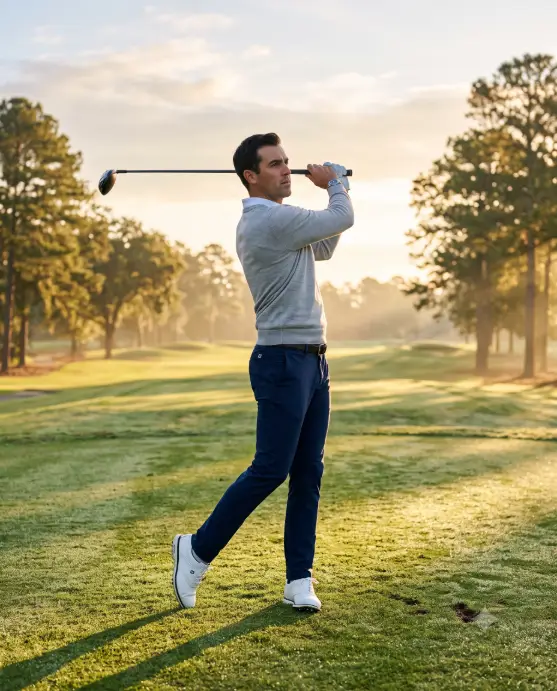 Create a photo of a man in his 30s mid-follow-through after a golf swing on a pristine fairway at sunrise. He is wearing a light grey merino sweater over a white collared polo, slim navy golf trousers, and white leather golf shoes, with a slim silver watch on his wrist. His posture is balanced and athletic with the club finishing over his shoulder. The camera shoots from a low side angle about ten feet away. Low golden sunrise light cuts through thin morning mist, casting a long shadow across dewy grass, with tall pine trees lining the blurred background. Cinematic sports editorial style with soft gold and green tones. Use aspect ratio 4:5.