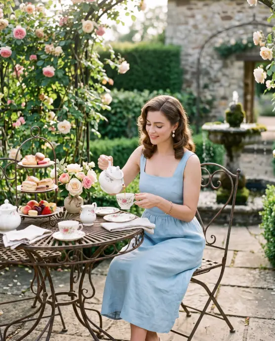 Create a photo of a woman seated at a wrought iron table on a stone garden terrace, pouring tea from a white porcelain teapot into a delicate floral teacup. She is wearing a pale blue midi dress with a square neckline, pearl drop earrings, and a thin gold bracelet, with her hair in soft vintage waves. The table is set with a tiered stand of pastries, linen napkins, and a small vase of garden roses. The camera is at eye level across the table with shallow depth of field. Soft afternoon light filters through a climbing rose trellis, and blurred hedges and a stone fountain fill the background. Romantic editorial style with pastel blue, cream, and blush tones. Use aspect ratio 4:5.