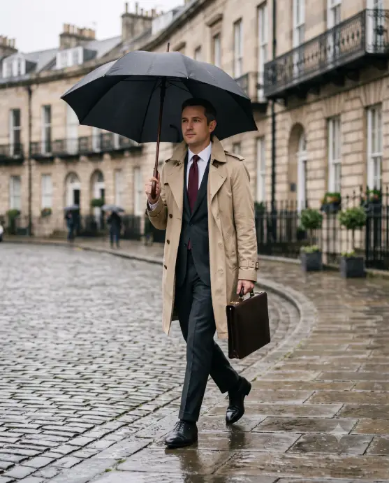 Create a photo of a man walking down a cobblestone European street holding a large black umbrella, captured mid-stride with a calm, composed expression. He is wearing a classic beige trench coat with the collar turned up, a charcoal suit underneath, a burgundy silk tie, and black cap-toe oxford shoes. His other hand holds a slim leather briefcase. The camera shoots from a slight distance at chest height with a compressed telephoto look. Overcast light with wet cobblestones reflecting soft grey sky, and blurred stone townhouses with black iron balconies in the background. Timeless editorial style with muted beige, grey, and burgundy tones. Use aspect ratio 4:5.