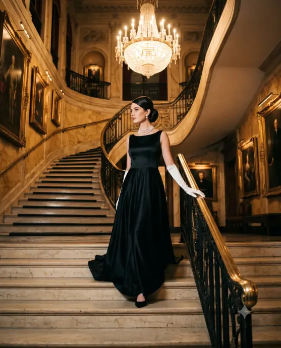 Create a photo of an elegant woman descending a sweeping marble staircase in a grand historic mansion, one gloved hand trailing along the brass banister. She is wearing a floor-length black satin gown with a modest neckline, long white opera gloves, a pearl choker, and her hair swept into a polished chignon. Her posture is upright and graceful, mid-step, looking slightly past the camera. The camera shoots from below at the base of the stairs, angled upward. Warm chandelier light glows against cream marble walls, oil paintings in gilded frames, and a sparkling crystal chandelier above. Old Hollywood editorial style with rich blacks, warm golds, and soft glow. Use aspect ratio 4:5.