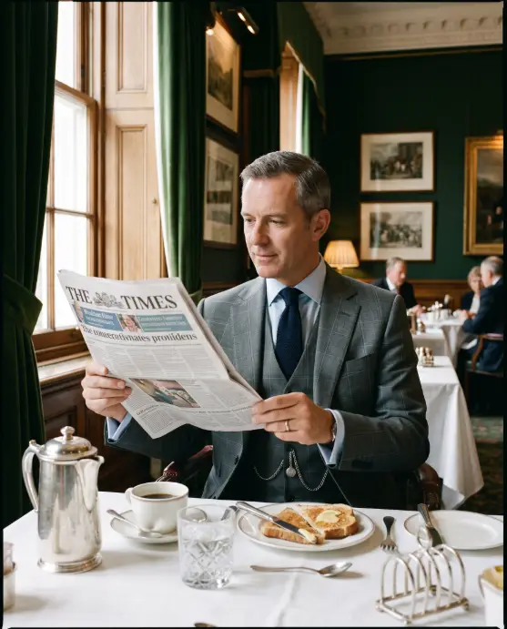 Create a photo of a distinguished man in his 40s seated at a breakfast table in a private members' club, reading a broadsheet newspaper held open in both hands. He is wearing a mid-grey three-piece suit with a subtle windowpane check, a pale blue shirt, and a navy knit tie, with a silver pocket watch chain visible on his waistcoat. The table holds a silver coffee pot, a white china cup, and a plate of toast on white linen. The camera is at eye level from across the table. Soft morning light streams through tall sash windows with heavy drapes, and dark green walls with framed prints fill the background. Refined editorial style with grey, green, and silver tones. Use aspect ratio 4:5.