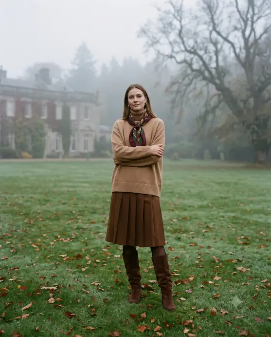 Create a photo of a woman standing alone on the misty lawn of a country estate in early autumn, arms loosely crossed and gaze directed calmly at the camera. She is wearing an oversized camel cashmere turtleneck sweater, a pleated brown midi skirt, sheer tights, and suede knee-high boots, with a silk scarf knotted at her neck. Her hair falls straight past her shoulders. The camera is at eye level with a slightly long lens look and shallow depth of field. Cool, soft fog diffuses the light evenly, with the faint silhouette of a stone manor house and bare oak trees behind her. Moody editorial style with camel, brown, and grey tones. Use aspect ratio 4:5.
