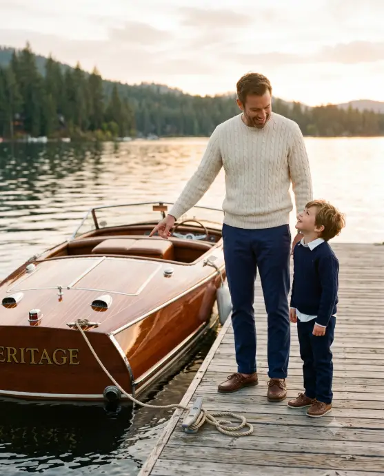 Create a photo of a father in his 40s and his young son standing beside a polished vintage mahogany speedboat tied to a lake dock. The father wears a cream cable-knit sweater, navy chinos, and boat shoes, while the boy wears a matching miniature outfit with a navy sweater over a collared shirt. The father points toward the boat while the son looks up at him, both smiling. The camera is at the boy's eye level, shooting slightly upward. Warm golden hour light glows across calm lake water, with pine-covered hills softly blurred in the distance. Heritage lifestyle photo style with warm cream, navy, and mahogany tones. Use aspect ratio 4:5.