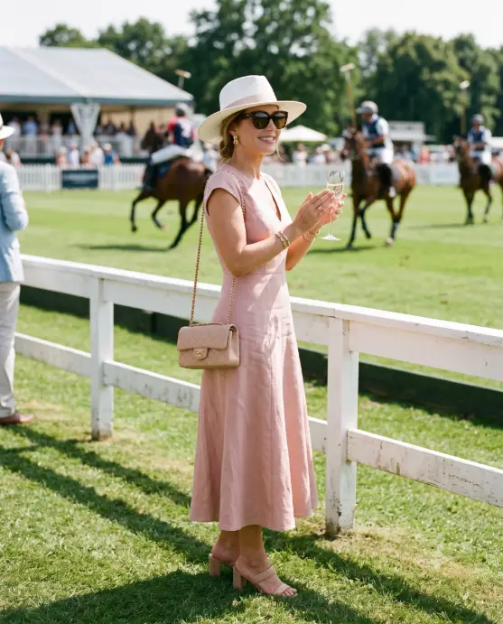 Create a photo of a stylish woman standing at the sideline of a polo match, holding a champagne flute and applauding lightly with her free hand against it. She is wearing a white wide-brimmed hat, a fitted blush pink midi dress with cap sleeves, nude block heels, and oversized sunglasses, with a small quilted leather bag on a gold chain over her shoulder. The camera is at eye level in a three-quarter view. Bright afternoon sunlight with crisp shadows, and the background shows blurred polo players on horseback, white rail fencing, and green playing fields. Society editorial style with white, blush, and green tones. Use aspect ratio 4:5.