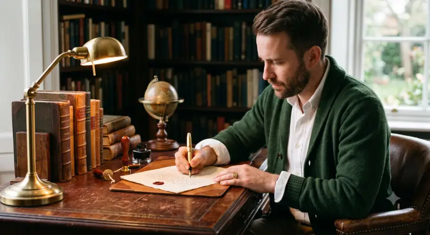 Create a photo of a man in his 30s seated at an antique mahogany writing desk, writing with a gold fountain pen on cream letter paper. He is wearing a forest green cardigan over a white shirt with the sleeves slightly rolled, and a vintage gold signet ring on his little finger. The desk holds a brass desk lamp, a stack of leather-bound books, wax seals, and a small globe. The camera shoots from a side angle at desk height with shallow depth of field. Warm lamp light pools over the desk while soft daylight glows from a window behind, with dark bookshelves in the blurred background. Intimate editorial style with green, gold, and mahogany tones. Use aspect ratio 4:5.