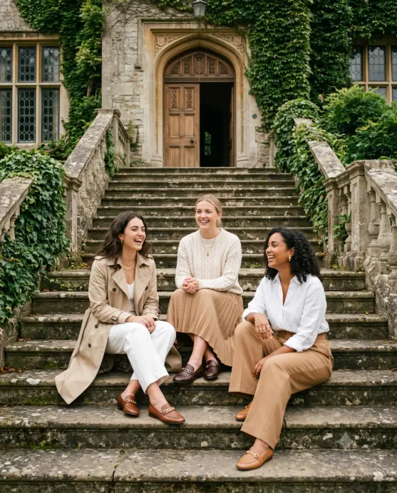Create a photo of three young women sitting together on the wide stone steps of an ivy-covered manor house, arranged casually on different steps and laughing with each other. They are wearing coordinated neutral outfits, one in a beige trench coat and white trousers, one in a cream knit sweater with a tan pleated skirt, and one in a white blouse with camel wide-leg trousers, all with gold jewelry and leather loafers. The camera is at eye level about fifteen feet back, capturing the full staircase. Soft overcast daylight gives even light, with the carved stone doorway and climbing ivy framing them. Group editorial style with layered neutral tones of beige, cream, and camel. Use aspect ratio 4:5.