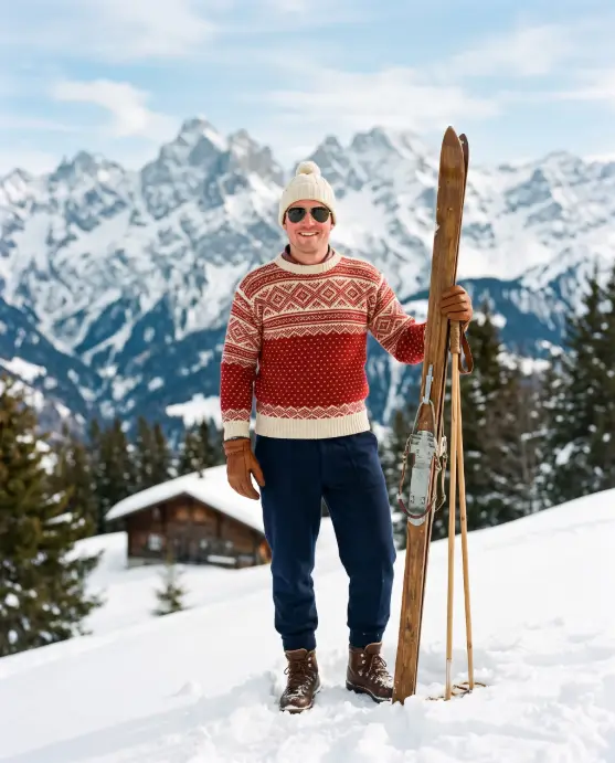 Create a photo of a man standing on a snowy alpine slope holding classic wooden skis upright beside him, smiling with sunglasses on. He is wearing a vintage-style red and cream knit ski sweater with a geometric pattern, navy ski trousers, leather ski gloves, and a cream knit beanie. His cheeks are slightly flushed from the cold. The camera is at eye level with a medium-wide framing. Bright, crisp midday sunlight bounces off untouched snow, with jagged snow-covered peaks and a wooden chalet in the blurred background. Retro alpine editorial style with red, cream, and icy blue tones. Use aspect ratio 4:5.