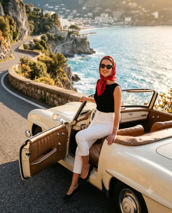 Create a photo of a glamorous woman sitting on the door edge of a parked vintage cream convertible on a coastal cliffside road, her body turned toward the camera. She is wearing a sleeveless black boatneck top, white capri trousers, ballet flats, cat-eye sunglasses, and a red silk scarf tied over her hair and knotted under her chin. One hand rests on the windshield frame. The camera shoots from a low three-quarter angle. Warm golden hour light washes over the scene, with a winding cliff road and sparkling sea stretching behind her. Riviera editorial style inspired by 1960s glamour, with cream, black, and deep blue tones. Use aspect ratio 4:5.