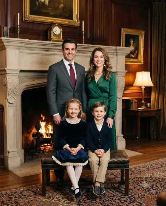 Create a photo of an elegant family of four posed in front of a large stone fireplace in a classic drawing room. The father wears a charcoal suit with a burgundy tie, the mother wears an emerald green wrap dress with pearl earrings, and the two children wear coordinated navy and cream outfits. They are arranged naturally, parents standing behind the seated children on a leather bench, all with relaxed genuine smiles. The camera is at eye level, straight on, with balanced framing. Warm firelight glows from the hearth while soft lamps light the room, with oil paintings, a mantel clock, and dark wood paneling in the background. Formal portrait style with warm, rich, timeless tones. Use aspect ratio 4:5.