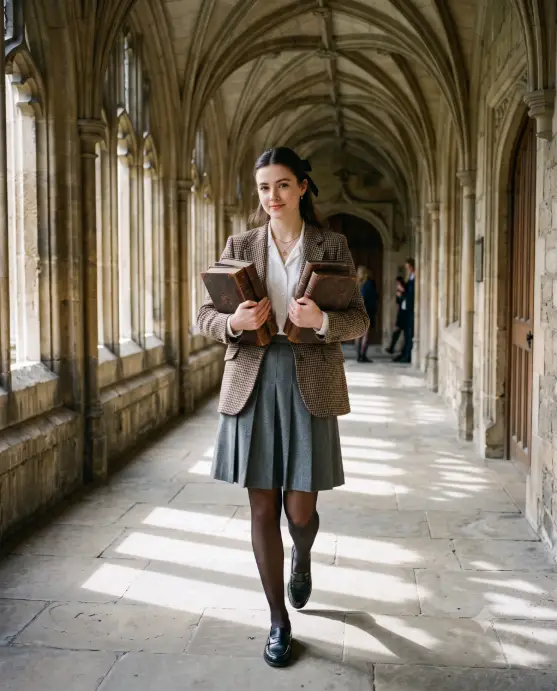 Create a photo of a young woman walking through the stone cloisters of an old university, carrying a stack of leather-bound books against her chest. She is wearing a houndstooth wool blazer over a white blouse, a knee-length grey pleated skirt, sheer tights, and black penny loafers, with a thin gold chain necklace and her hair half tied back with a black ribbon. She is captured mid-step, glancing softly toward the camera. The camera shoots from a front three-quarter angle at chest height. Cool, soft daylight falls through the gothic stone arches, casting long geometric shadows down the corridor. Academic editorial style with grey, black, and warm stone tones. Use aspect ratio 4:5.