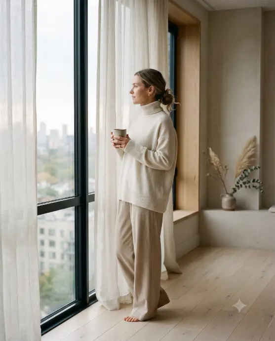 Create a photo of a woman in her early 30s standing beside a tall floor-to-ceiling window in a minimalist apartment, holding a ceramic cup of tea with both hands and gazing out at the view. She is wearing an oversized cream cashmere turtleneck sweater with relaxed beige wide-leg trousers, and her hair is pulled into a low, loose bun with small gold stud earrings. Her posture is calm and slightly angled toward the window. Shoot at eye level with a shallow depth of field. Soft morning light diffuses through sheer linen curtains, casting gentle shadows across a neutral-toned interior with a pale oak floor. The mood is serene, editorial, and understated. Muted palette of cream, beige, and warm gray. Use aspect ratio 4:5.