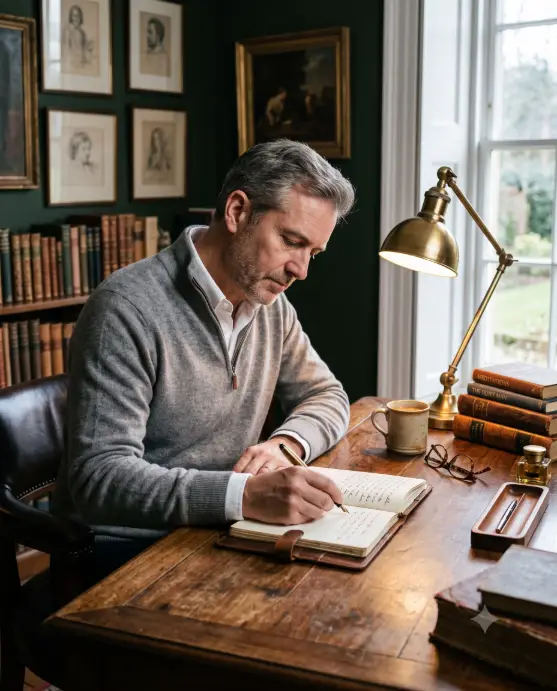 Create a photo of a man seated at a large vintage walnut desk, writing in a leather-bound notebook with a fountain pen, his head slightly bowed in concentration. He is wearing a soft heather-gray cashmere quarter-zip sweater over a white oxford shirt with the collar visible. Shoot from a slight side angle at desk height with a shallow depth of field. Warm light from a brass desk lamp mixes with cool window light, illuminating stacked books, a ceramic cup, and reading glasses on the desk. Dark green wall and framed sketches softly blurred behind him. The mood is studious, calm, and old-money. Use aspect ratio 4:5.