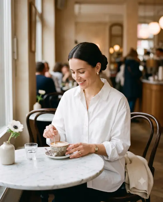 Create a photo of a woman seated alone at a small marble café table, stirring a cappuccino with a tiny spoon and smiling softly to herself. She is wearing an oversized crisp white cotton shirt with the cuffs rolled once, small pearl earrings, and her hair in a neat low chignon. A folded cream cardigan rests on the chair beside her. Shoot at eye level across the table with an 85mm lens and creamy background blur. Soft window light from the left illuminates the marble tabletop, a small vase with a single white flower, and blurred café interior in warm neutral tones. The mood is unhurried and effortlessly elegant. Use aspect ratio 4:5.