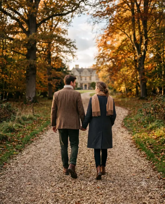 Create a photo of a couple walking side by side down a gravel path on a country estate in autumn, captured from behind at a slight angle as they walk away from the camera. The man wears a brown herringbone tweed jacket over a cream roll-neck sweater with dark green corduroy trousers and leather boots, and the woman wears a long charcoal wool coat with a camel scarf and slim black boots. Their hands are close but not touching. Shoot at chest height with a 35mm lens. Soft golden late-afternoon light filters through tall oak trees lining the path, with a stone manor house faintly visible in the distance. Warm, muted autumn palette. The mood is quiet companionship and understated wealth. Use aspect ratio 4:5.