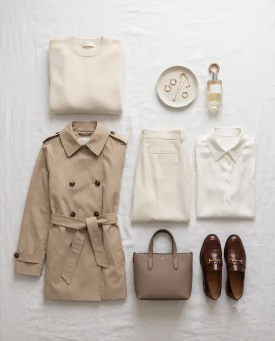 Create an overhead flat lay photo of a neutral quiet luxury capsule wardrobe arranged neatly on a white linen bedsheet. Include a folded cream cashmere sweater, a beige trench coat laid flat, straight-leg ivory trousers, a white silk blouse, brown leather loafers, a structured taupe handbag, small gold jewelry on a ceramic tray, and a bottle of unlabeled perfume. Shoot directly from above with even, soft, diffused daylight and no harsh shadows. Every item is wrinkle-free and precisely spaced with generous negative space. Palette limited to cream, beige, taupe, and soft brown. Clean, minimal, editorial styling. Use aspect ratio 4:5.