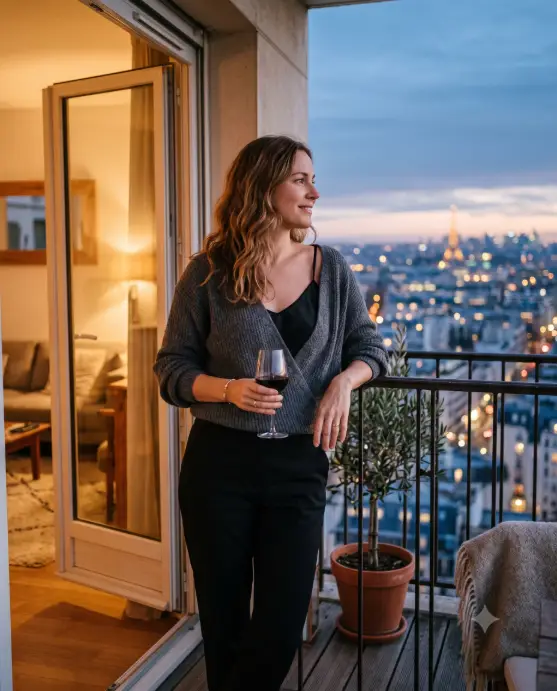 Create a photo of a woman standing on a private apartment balcony at dusk, leaning gently on the railing and holding a glass of red wine, looking out over the city with a peaceful expression. She is wearing a draped charcoal knit wrap sweater over a black silk camisole and tailored black trousers, with her hair down and softly waved. Shoot at eye level from inside the balcony with a shallow depth of field. Warm light spills from the apartment interior behind her while the city below fades into soft blue-hour bokeh. Muted palette of charcoal, amber, and deep blue. The mood is private, reflective, and quietly indulgent. Use aspect ratio 4:5.