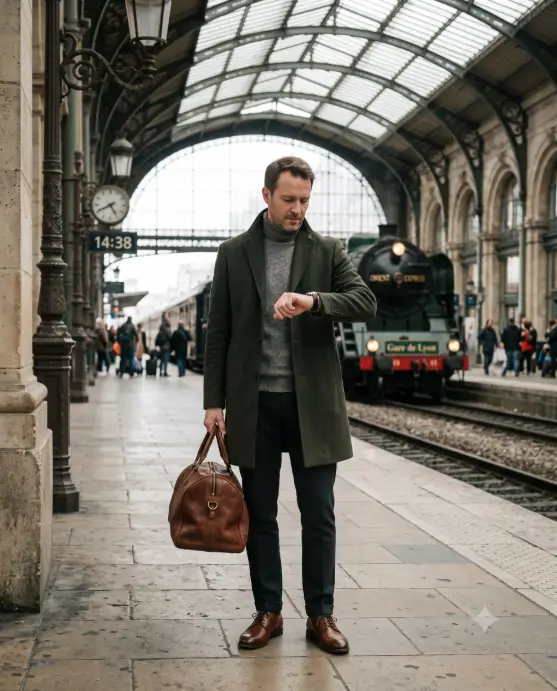 Create a photo of a man standing on the platform of a historic European train station, holding a leather weekender bag in one hand and checking his watch with the other. He is wearing a dark green loden wool overcoat over a gray turtleneck and charcoal trousers with polished brown derby shoes. His expression is calm and unhurried. Shoot at eye level from a slight distance with a 50mm lens. Soft diffused light streams through the arched glass roof of the station, with a blurred vintage train and stone columns in the background. Muted palette of green, gray, and warm brown with cinematic grading. The mood is composed and timeless. Use aspect ratio 4:5.