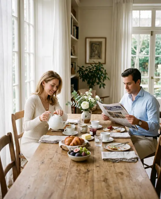Create a photo of a well-dressed couple having a slow breakfast at a long oak dining table in a sunlit room, the woman pouring tea from a white porcelain pot while the man reads a folded newspaper across from her. She wears an ivory ribbed knit dress with minimal gold jewelry, and he wears a light blue oxford shirt with beige trousers. The table is set with linen napkins, fresh croissants, a bowl of figs, and a small vase of white ranunculus. Shoot from the end of the table at seated eye level with a 35mm lens. Bright, soft morning light floods in from tall windows with sheer curtains. Warm neutral palette, editorial lifestyle mood. Use aspect ratio 4:5.