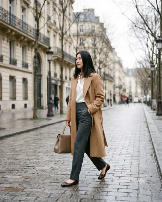 Create a photo of a woman walking down a quiet, tree-lined European street in the early morning, captured mid-stride with one hand tucked into her coat pocket. She is wearing a perfectly tailored camel wool coat over a white silk blouse and straight-leg charcoal trousers with pointed leather flats. Her hair is sleek and straight, and she carries a structured taupe leather handbag with no visible logos. Shoot from a slight distance at chest height with a 50mm lens and soft focus on the background. Pale overcast light gives the scene an even, expensive glow, with blurred limestone facades and bare trees behind her. Editorial street style, muted neutral palette. Use aspect ratio 4:5.