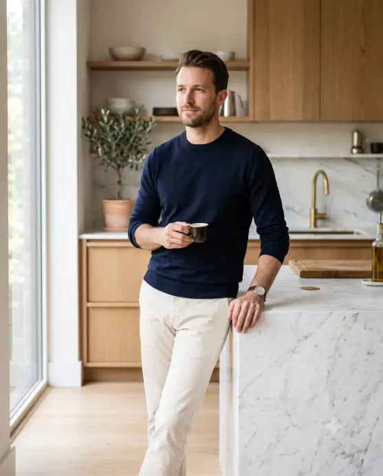 Create a photo of a man in his mid 30s leaning casually against a white marble kitchen island, holding a small espresso cup and looking slightly off-camera with a relaxed expression. He is wearing a fine-gauge navy merino wool crewneck sweater with the sleeves gently pushed up, cream chinos, and a minimal steel watch. His hair is neatly styled. Shoot at eye level with a shallow depth of field. The background shows a high-end minimalist kitchen with matte oak cabinetry, brass fixtures, and soft daylight coming from a side window. The mood is calm, refined, and effortless. Palette of navy, cream, and warm wood tones. Use aspect ratio 4:5.