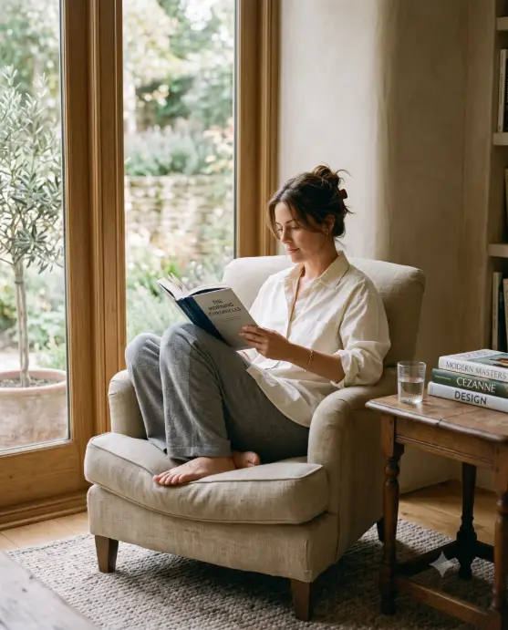Create a photo of a woman curled comfortably in an oatmeal linen armchair beside a large window, reading a hardcover book with her legs tucked beneath her. She is wearing a relaxed white cotton poplin shirt with the collar slightly open and soft gray lounge trousers, with bare feet and a thin gold bracelet. Her hair is loosely clipped up. Shoot from a slight three-quarter angle at seated eye level with a 35mm lens. Soft afternoon light falls across the chair, with a small side table holding a glass of water and a stack of art books. Neutral interior with plaster walls and a wool rug. The mood is quiet, lived-in, and refined. Use aspect ratio 4:5.