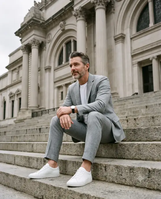 Create a photo of a man sitting on the wide stone steps of a classical museum building, elbows resting on his knees with his hands loosely clasped, looking off to the side. He is wearing an impeccably tailored light gray flannel suit over a white crew neck t-shirt with minimal white leather sneakers and no visible accessories except a slim watch. Shoot from a low angle a few steps below him with a 50mm lens and medium depth of field. Soft overcast daylight flattens shadows across the pale limestone steps and tall columns behind him. The mood is confident but understated, with a muted palette of gray, white, and stone. Editorial menswear style. Use aspect ratio 4:5.