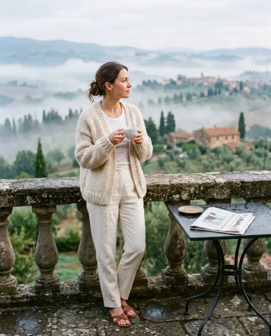 Create a photo of a woman standing on a stone terrace overlooking a misty hillside in the early morning, holding a white ceramic coffee cup close to her chest with both hands. She is wearing a chunky ecru wool cardigan layered over a white ribbed tank and tailored ivory trousers, with her hair loosely tied back and no visible makeup beyond a natural glow. Shoot at eye level with a shallow depth of field. Cool, hazy morning light with soft fog rolling over cypress trees and terracotta rooftops in the blurred background. Stone balustrade and a small iron table with a folded newspaper beside her. The mood is peaceful, private, and expensive. Use aspect ratio 4:5.