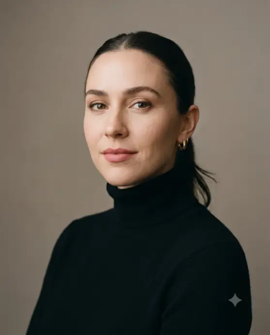 Create a close-up portrait of a woman in her late 20s against a plain warm-gray studio backdrop, shoulders relaxed and chin slightly lowered, looking directly into the camera with a calm, self-assured expression. She is wearing a fitted black cashmere turtleneck with small gold huggie earrings and a low sleek ponytail. Her makeup is minimal with groomed brows and a soft matte lip. Shoot at eye level with an 85mm portrait lens and soft, diffused studio lighting from a large source at 45 degrees. Gentle shadow falloff, fine skin texture preserved, no harsh highlights. The mood is timeless and editorial, like a magazine beauty portrait. Use aspect ratio 4:5.