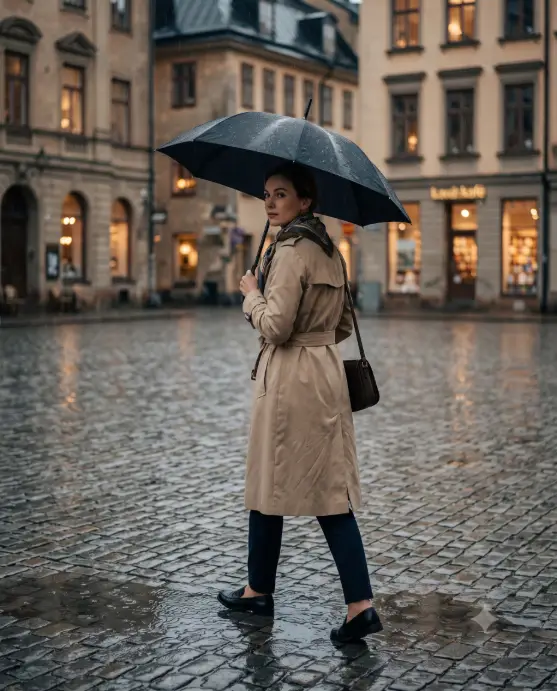 Create a photo of a woman crossing a wet cobblestone square in light rain, holding a large black umbrella and glancing slightly over her shoulder. She is wearing a classic double-breasted beige trench coat belted at the waist over dark tailored trousers and polished black loafers, with a silk scarf knotted loosely at her neck. Shoot from behind at a three-quarter angle at chest height with a 50mm lens. Soft gray daylight reflects off the wet stones, with blurred historic buildings and glowing shop windows in the background. Muted palette of beige, black, and slate gray with cinematic color grading. The mood is composed and quietly cinematic. Use aspect ratio 4:5.