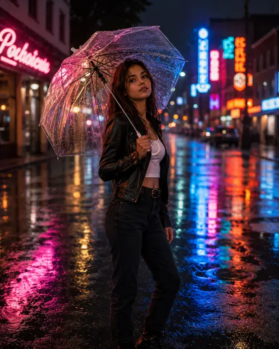 Create a photo of a young woman standing on a rain-soaked city street at night, holding a clear umbrella tilted slightly back over her shoulder. She is wearing a black leather jacket over a white cropped top and high-waisted dark jeans with ankle boots. Her hair is slightly damp with loose waves. Neon signs in pink, blue, and orange reflect off the wet pavement around her. The camera is at eye level with a shallow depth of field, and her face is lit softly by the neon glow. The mood is cinematic and moody with rich saturated colors. Shot with a 50mm lens. Use aspect ratio 4:5.