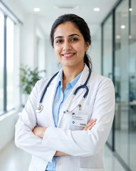 Create a professional portrait of a female doctor in her mid 30s standing in a bright modern clinic hallway. She is wearing a crisp white lab coat over a light blue blouse, with a stethoscope draped around her neck and a name badge clipped to her pocket. Her arms are crossed confidently, and she has a warm, approachable smile. Her hair is neatly tied back. Shoot at eye level with a shallow depth of field. The background shows softly blurred glass doors and clean white walls with natural daylight coming from large windows. Editorial, polished medical aesthetic with soft neutral tones. Use aspect ratio 4:5.
