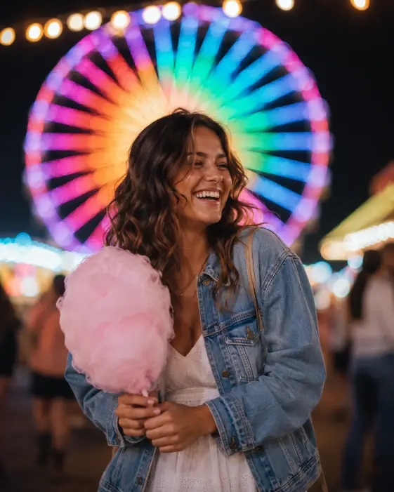 Create a photo of a young woman standing in front of a giant illuminated Ferris wheel at night, holding pink cotton candy and laughing with her eyes crinkled in genuine joy. She is wearing a denim jacket over a white sundress with white sneakers, and her hair is loose with soft curls. The Ferris wheel behind her glows in rotating rainbow colors, softly blurred into large circular bokeh. Warm carnival string lights frame the top of the shot. The camera is at eye level with tight framing from the waist up. Dreamy, colorful, joyful mood. Shot with an 85mm lens, wide aperture. Use aspect ratio 4:5.