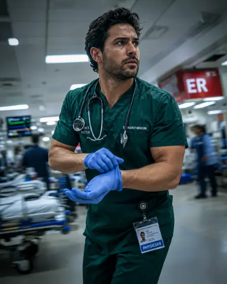 Create a photo of a male emergency doctor in his 30s moving quickly through an ER hallway while pulling on blue nitrile gloves, captured mid-motion with a focused, urgent expression. He is wearing dark green scrubs with a stethoscope around his neck and an ID badge swinging from his pocket. Shoot from a slightly low angle with a hint of motion blur in the background. The background shows a busy blurred emergency department with gurneys, monitors, and bright overhead lights. Intense, cinematic photojournalism style with high contrast and cool tones. Use aspect ratio 4:5.
