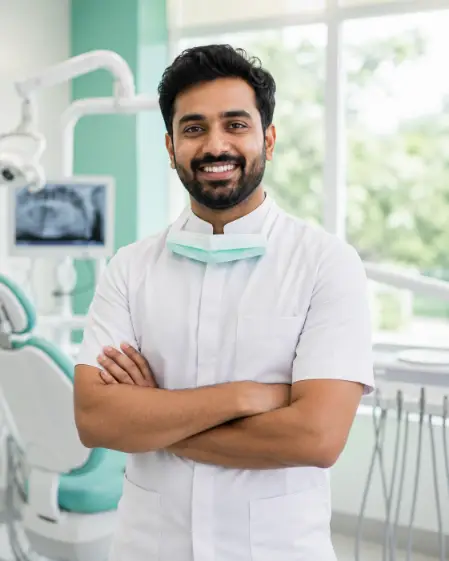 Create a portrait of a male dentist in his 30s standing in a modern dental clinic, arms crossed and smiling confidently at the camera. He is wearing a fitted white tunic-style dental uniform with a mask hanging loosely around his neck. His teeth are naturally white and his grooming is sharp. Shoot at eye level with medium framing from the waist up. The background shows a softly blurred dental chair, overhead light arm, and large windows with bright natural daylight. Fresh, clean commercial photo style with white and mint green tones. Use aspect ratio 4:5.