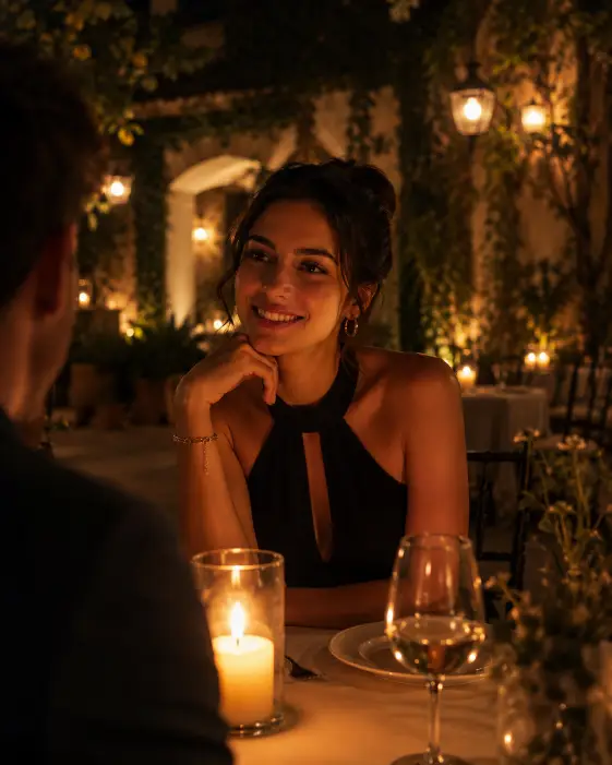 Create a photo of a young woman sitting at an outdoor restaurant table at night, lit only by candles and soft ambient lanterns. She is wearing an elegant black halter-neck dress with small gold hoop earrings and a delicate bracelet, resting her chin lightly on one hand and smiling warmly across the table. The candle flames cast a warm flickering glow on her face, and the background shows a softly blurred courtyard with hanging lanterns and climbing ivy. The camera is at eye level across the table, intimate framing. Warm amber tones with deep soft shadows. Shot with a 50mm lens, shallow depth of field. Use aspect ratio 4:5.