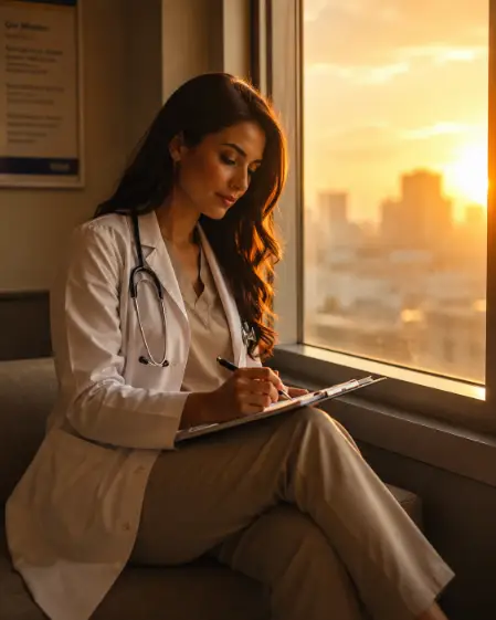 Create a photo of a female doctor in her 30s sitting by a large hospital window at golden hour, writing notes on a clipboard resting on her knee. She is wearing a white coat over soft beige scrubs, with her hair loose over one shoulder and a pen in hand. Her expression is calm and reflective as she looks down at her notes. Shoot from a side angle at seated eye level. Warm golden sunlight streams through the window, casting long soft shadows across the room, with a blurred city view outside. Peaceful, editorial style with warm amber tones. Use aspect ratio 4:5.