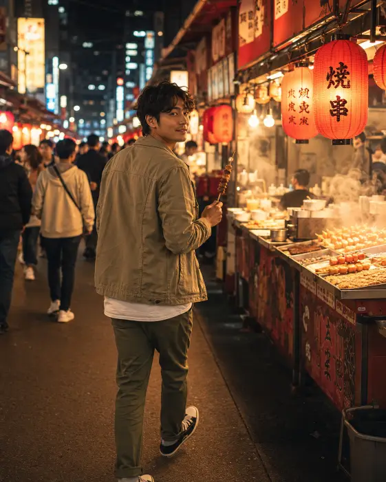 Create a photo of a young man walking through a bustling night market, holding a skewer of street food and glancing back over his shoulder at the camera with a relaxed smile. He is wearing a light utility jacket over a white tee with olive chinos and canvas sneakers. Around him, food stalls glow with warm hanging bulbs and red lanterns, steam rising from cooking stations, and blurred shoppers fill the background. The camera follows slightly behind at shoulder height. Warm golden lighting with rich reds and soft haze. Shot with a 35mm lens, candid documentary style. Use aspect ratio 4:5.