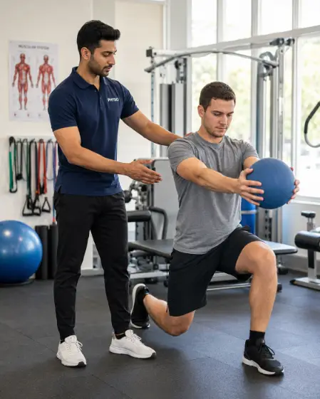 Create a photo of a male physiotherapist in his early 30s guiding a patient through a shoulder stretch in a bright rehabilitation gym. He is wearing a fitted navy polo shirt with the sleeves showing athletic arms, black training pants, and clean sports shoes, standing beside the patient with one hand supporting their arm. His expression is attentive and encouraging. Shoot at eye level from a few feet away capturing both figures. The background shows blurred exercise equipment, resistance bands on the wall, and large windows with natural light. Active, clean lifestyle photo style with bright airy tones. Use aspect ratio 4:5.