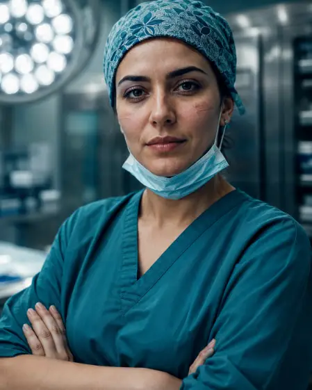 Create a close-up portrait of a female surgeon in her 30s standing in an operating room prep area, wearing a patterned surgical cap and teal scrubs with a mask pulled down under her chin. Her arms are crossed and she is looking directly into the camera with a strong, self-assured expression. Faint marks from her mask are visible on her cheeks for realism. Shoot at eye level with tight framing from the chest up. The background shows blurred surgical lights and stainless steel equipment in cool tones. Powerful, editorial portrait style with sharp detail and teal-gray color grading. Use aspect ratio 4:5.