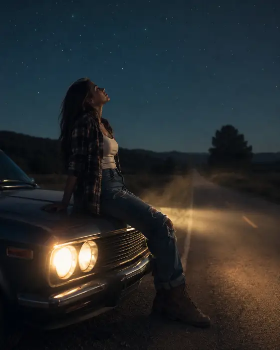Create a photo of a young woman sitting on the hood of a vintage car parked on an empty country road at night, leaning back on her hands and looking up at the sky. She is wearing a flannel shirt over a white tank top, ripped jeans, and worn boots. The car's headlights beam forward into light fog, illuminating the empty road ahead, while a sky full of faint stars stretches above. The camera is positioned to the side at hood height, capturing her silhouette against the headlight glow. Quiet, cinematic, wanderlust mood with cool tones and warm headlight beams. Shot with a 35mm lens. Use aspect ratio 4:5.