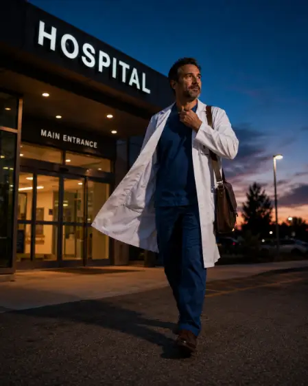 Create a photo of a male doctor in his 40s walking out of a hospital entrance at dusk, his white coat catching a slight breeze, with a leather messenger bag over one shoulder. He is loosening his collar with one hand and looking off toward the horizon with a tired but content expression. Shoot from a low front angle capturing his full figure mid-stride. The background shows the glowing hospital entrance sign, glass doors reflecting warm interior light, and a deep blue evening sky. Cinematic, moody style with warm and cool contrast lighting. Use aspect ratio 4:5.