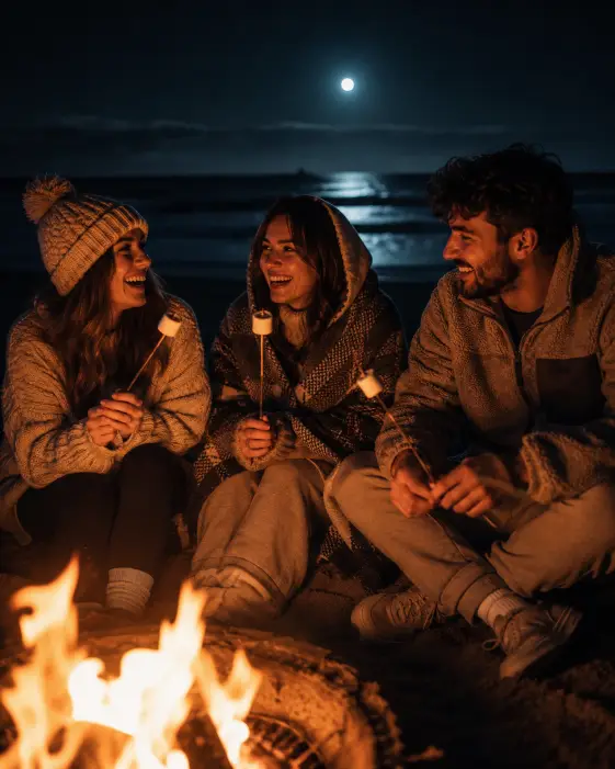 Create a photo of a group of three friends sitting around a small bonfire on a dark beach at night, laughing together with marshmallow sticks in hand. One woman wears a chunky knit sweater and beanie, another wears a hooded blanket wrap, and the man wears a fleece pullover with joggers. The orange firelight flickers across their faces while the dark ocean and a faint moonlit horizon stretch behind them. The camera is at seated eye level across the fire, with flames slightly blurred in the foreground. Warm orange glow against deep blue night tones, candid and cozy. Shot with a 35mm lens. Use aspect ratio 4:5.